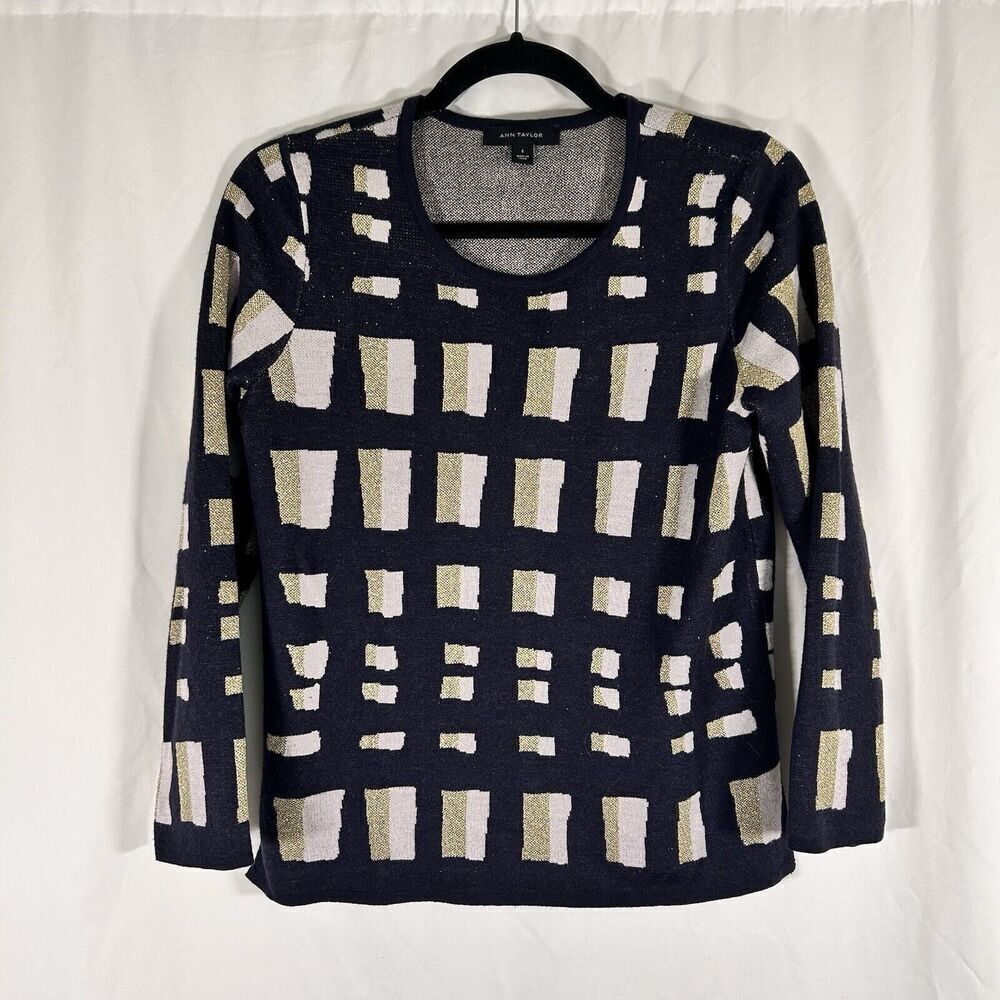 Ann Taylor Blouse Women's Small Black Gold Wool Blend Long Sleeve Round Neck